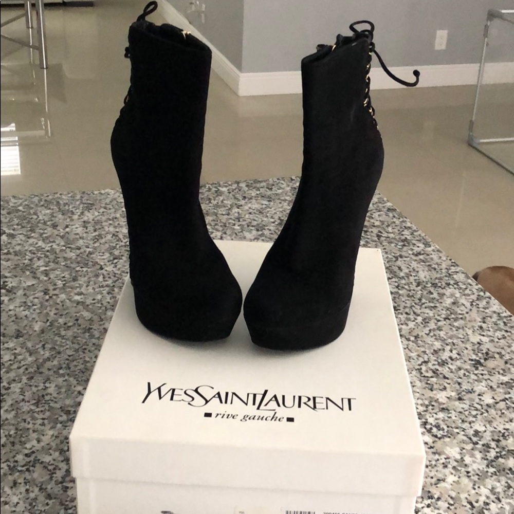 YSL black wedge bootie in suede